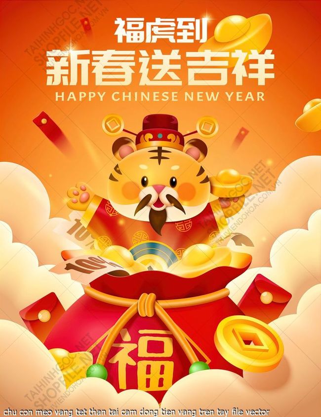 chu con meo vang tet than tai cam dong tien vang tren tay file vector